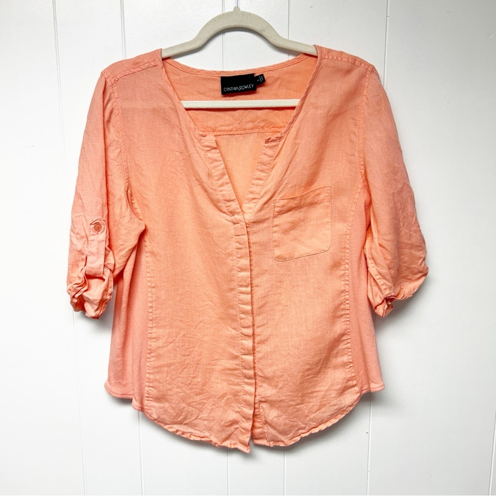 Cynthia Rowley Orange Relaxed 100% Linen Roll Tab Sleeve Blouse Large